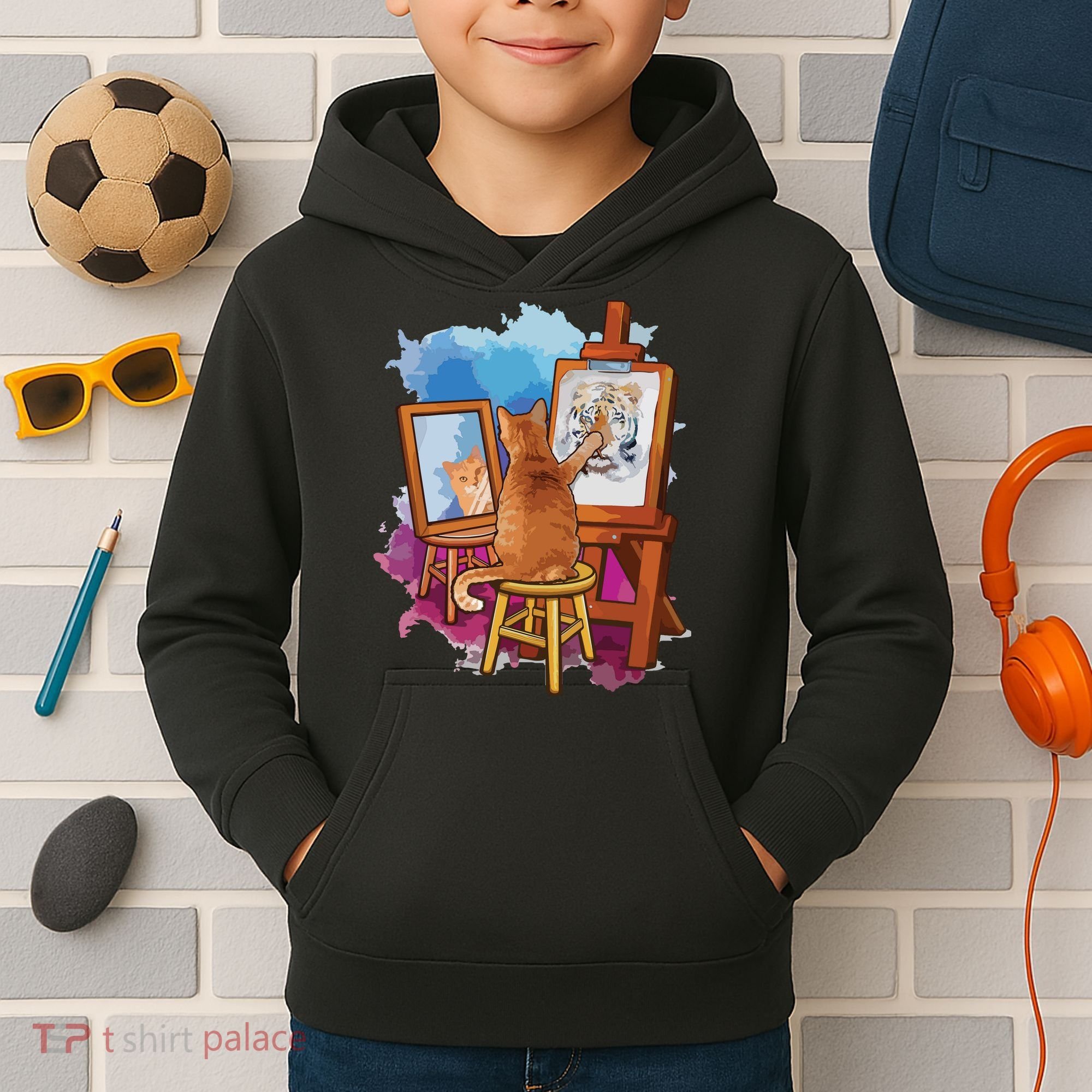 Cat Painting Lion Artistic Animals Lover Graphic Novelty Kids Hoodie