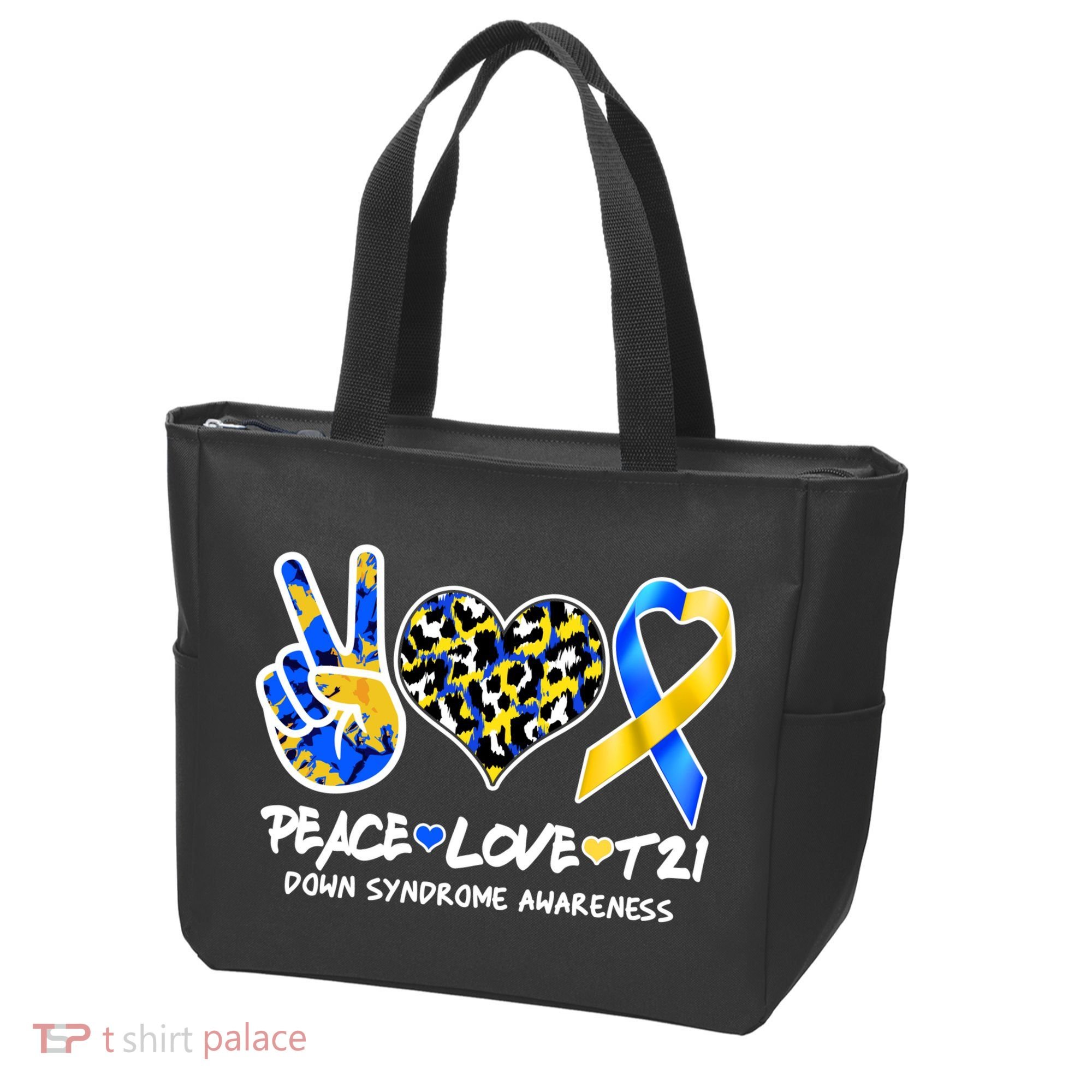 Cool Peace Love T21 Down Syndrome Awareness Support Tote Bag