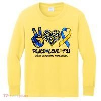 Cool Peace Love T21 Down Syndrome Awareness Support Kids Long Sleeve Shirt thumb 0