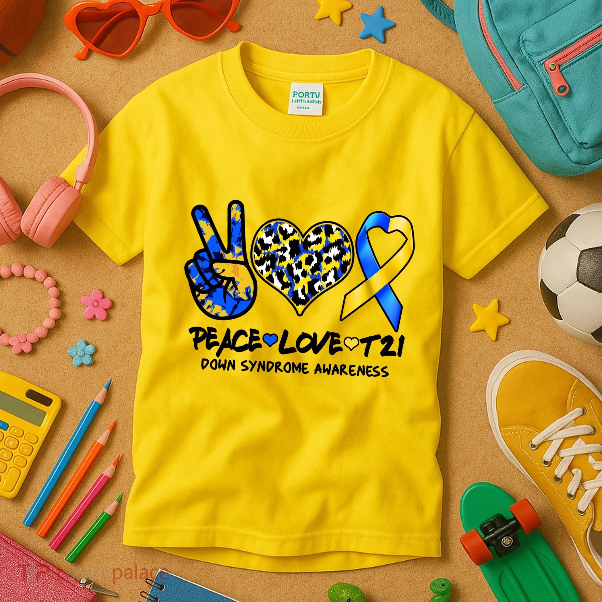 Cool Peace Love T21 Down Syndrome Awareness Support Kids T-Shirt