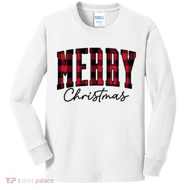 Cool Plaid Merry Christmas Kids Long Sleeve Shirt