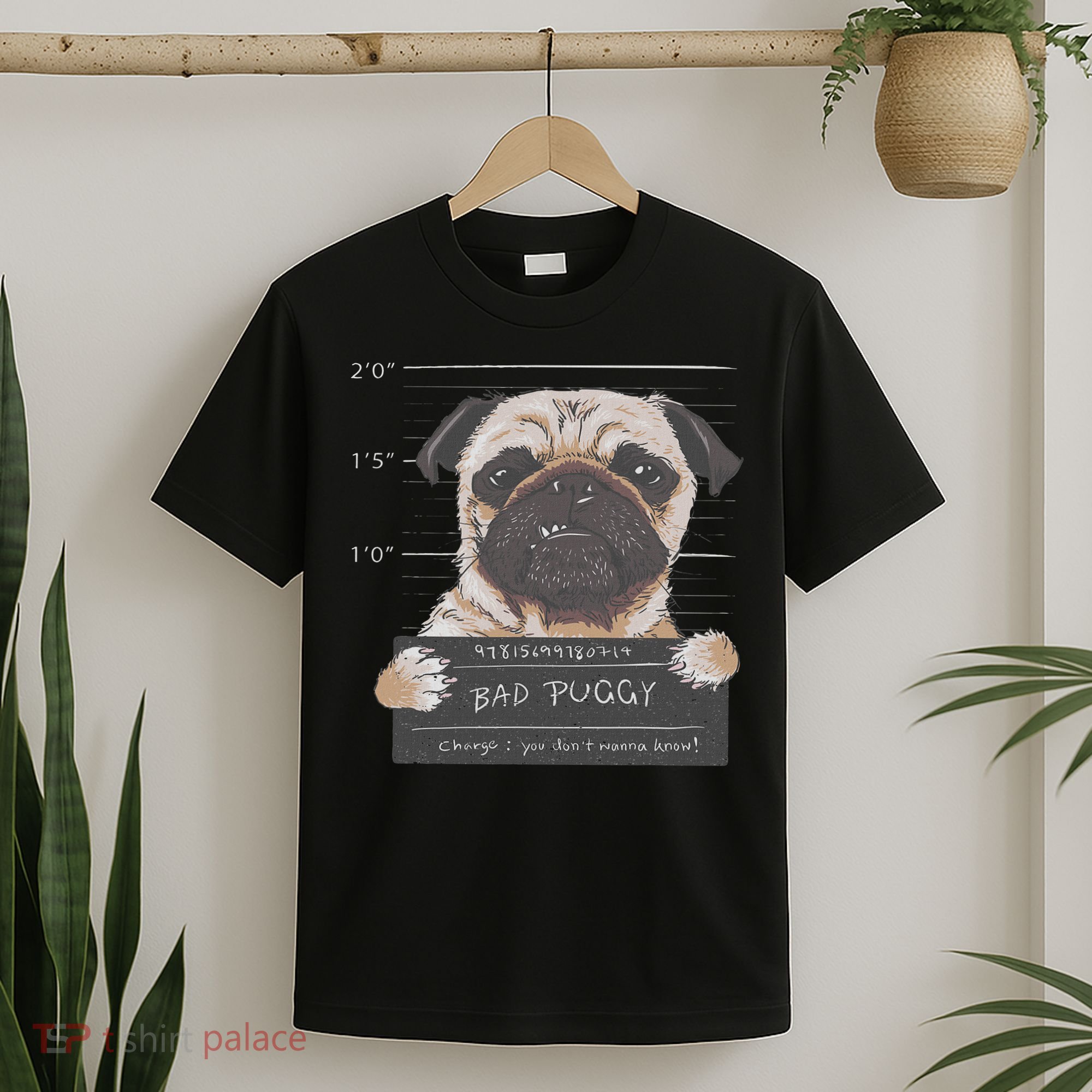 Cute Pug Mugshot Bad Puggy Puppy Humor Funny Dog T-Shirt