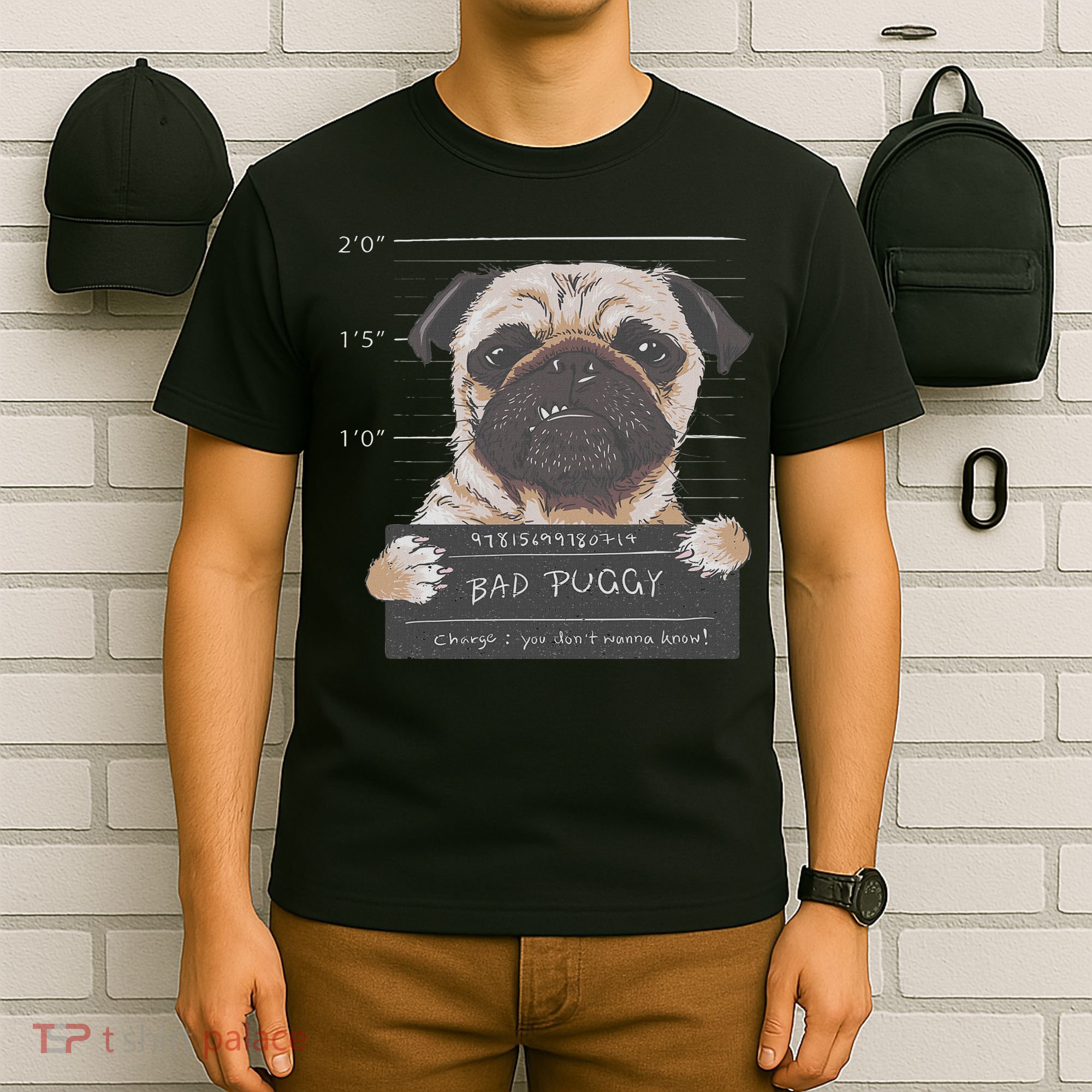 Cute Pug Mugshot Bad Puggy Puppy Humor Funny Dog T-Shirt