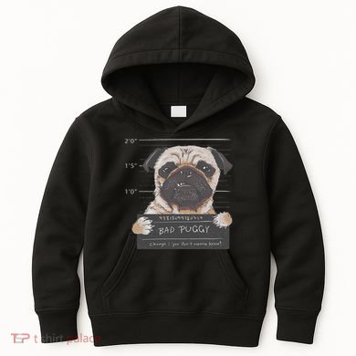 Cute Pug Mugshot Bad Puggy Puppy Humor Funny Dog Kids Hoodie