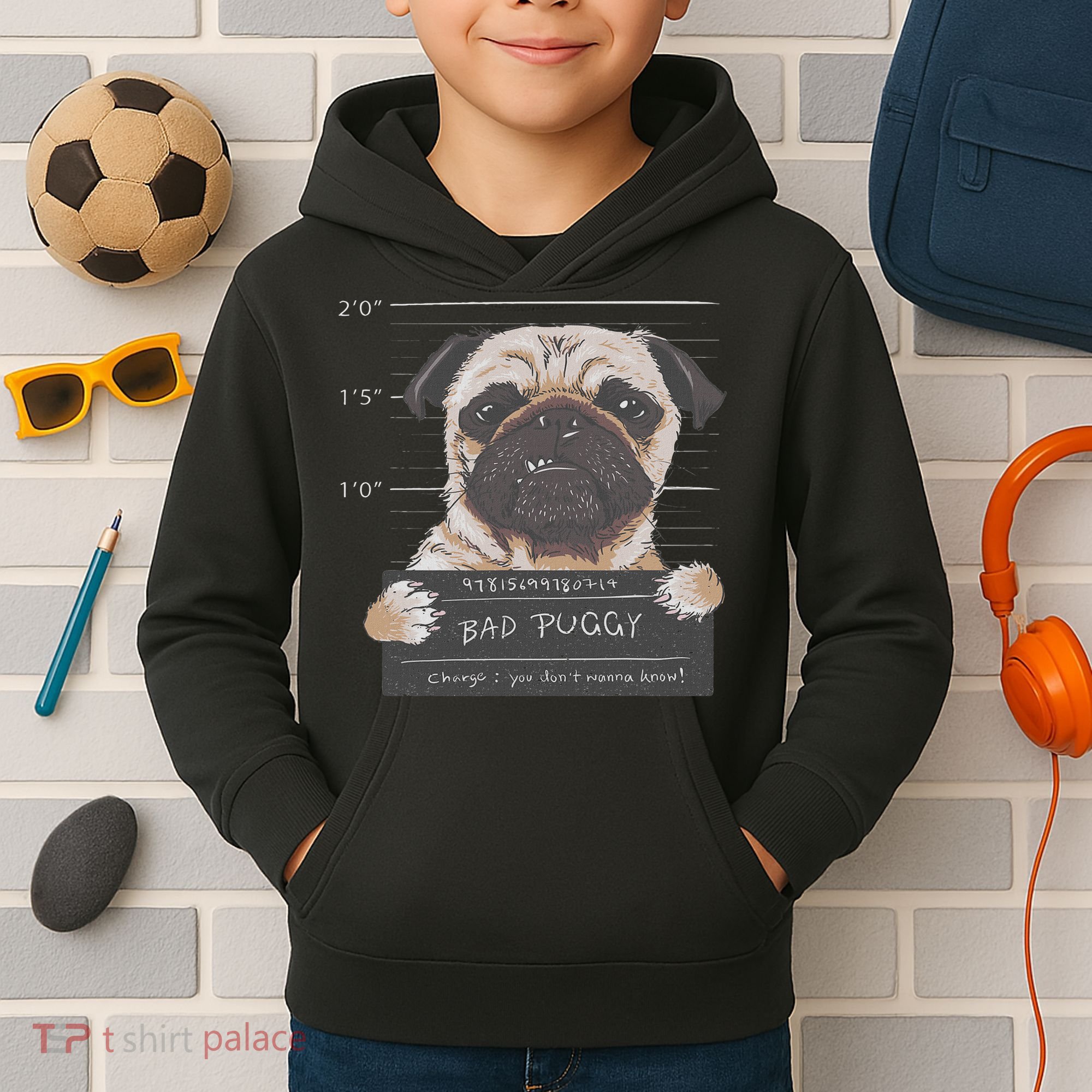 Cute Pug Mugshot Bad Puggy Puppy Humor Funny Dog Kids Hoodie