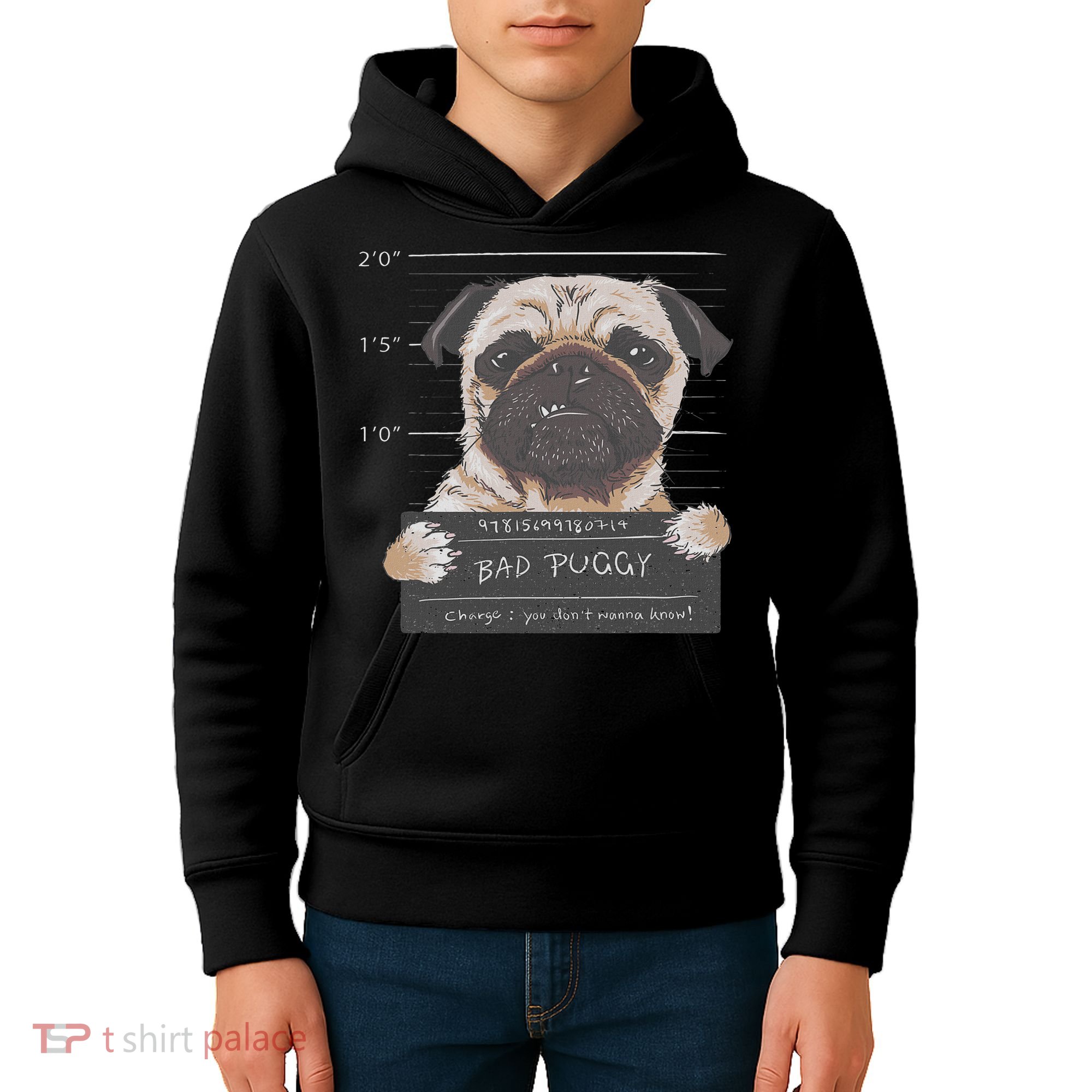 Cute Pug Mugshot Bad Puggy Puppy Humor Funny Dog Kids Hoodie