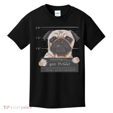 Cute Pug Mugshot Bad Puggy Puppy Humor Funny Dog Kids T-Shirt