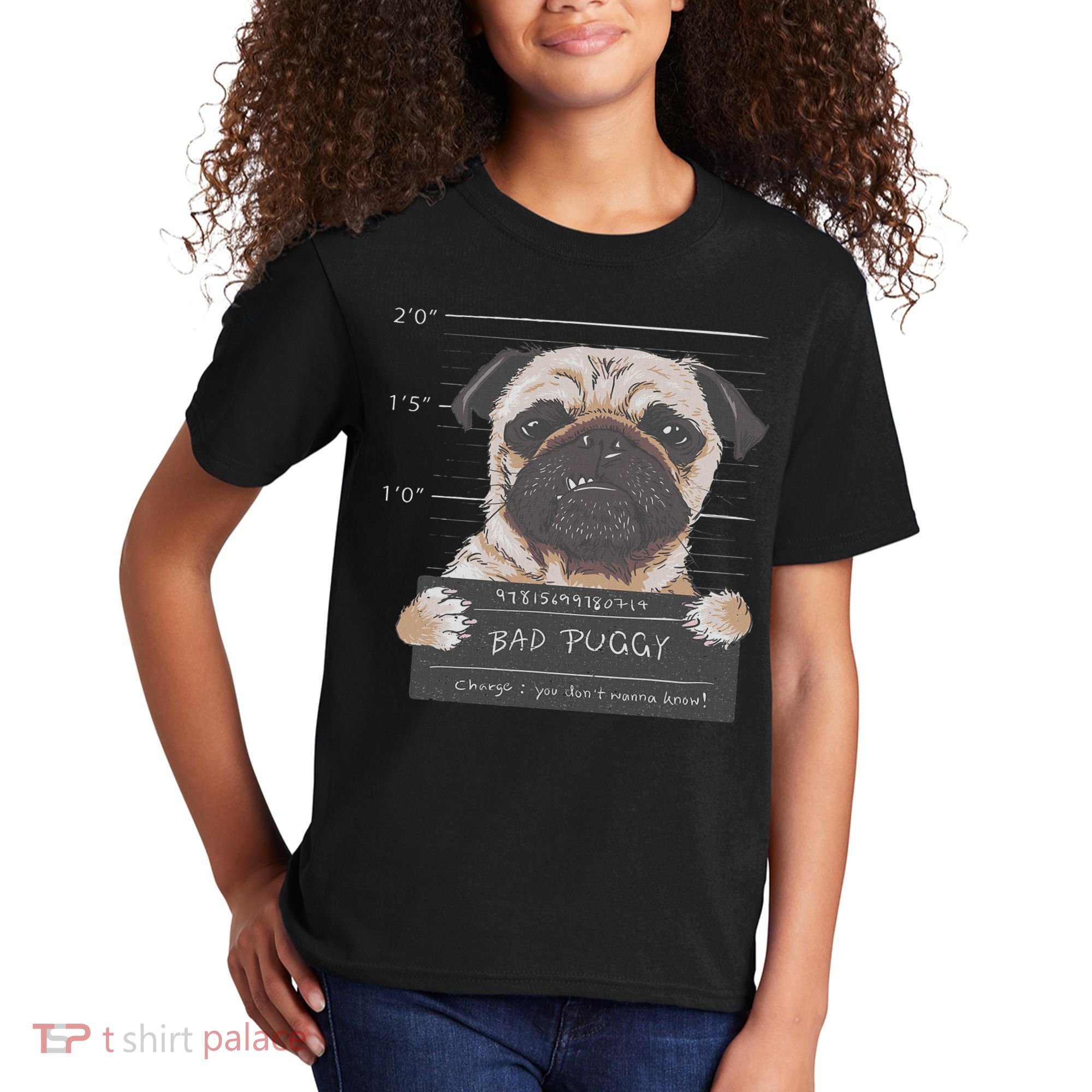 Cute Pug Mugshot Bad Puggy Puppy Humor Funny Dog Kids T-Shirt