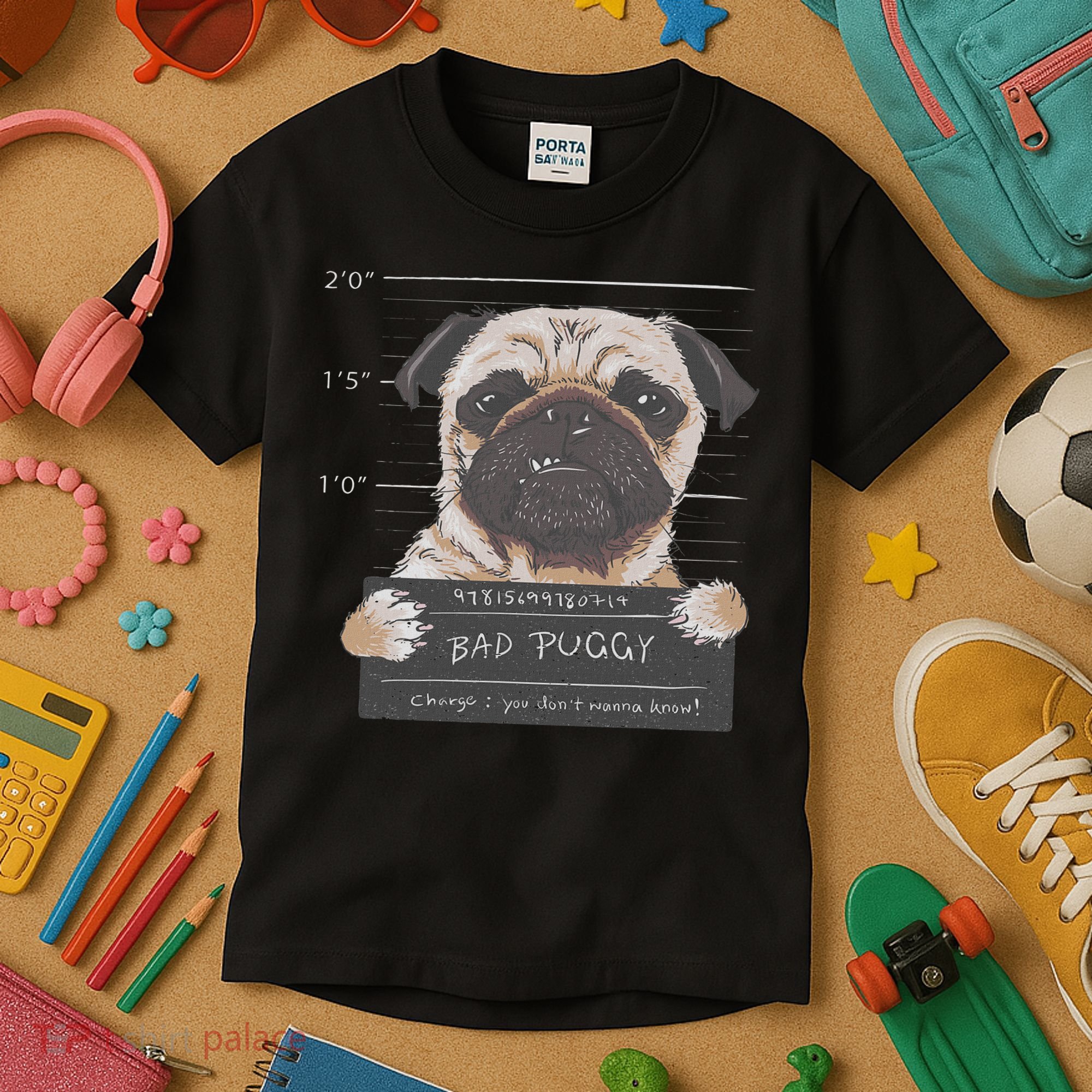 Cute Pug Mugshot Bad Puggy Puppy Humor Funny Dog Kids T-Shirt