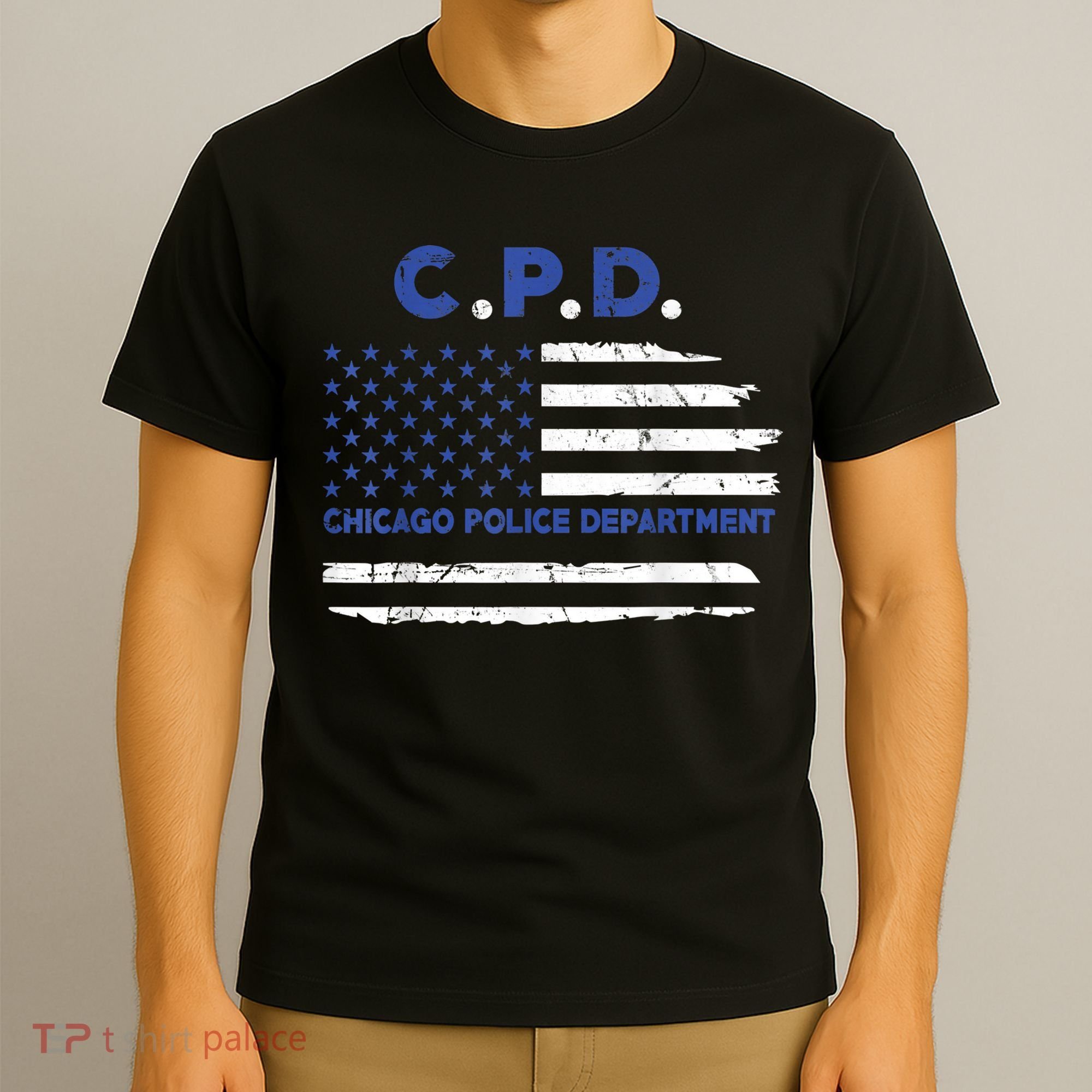 Chicago Police Officer American Flag Thin Blue Line T-Shirt
