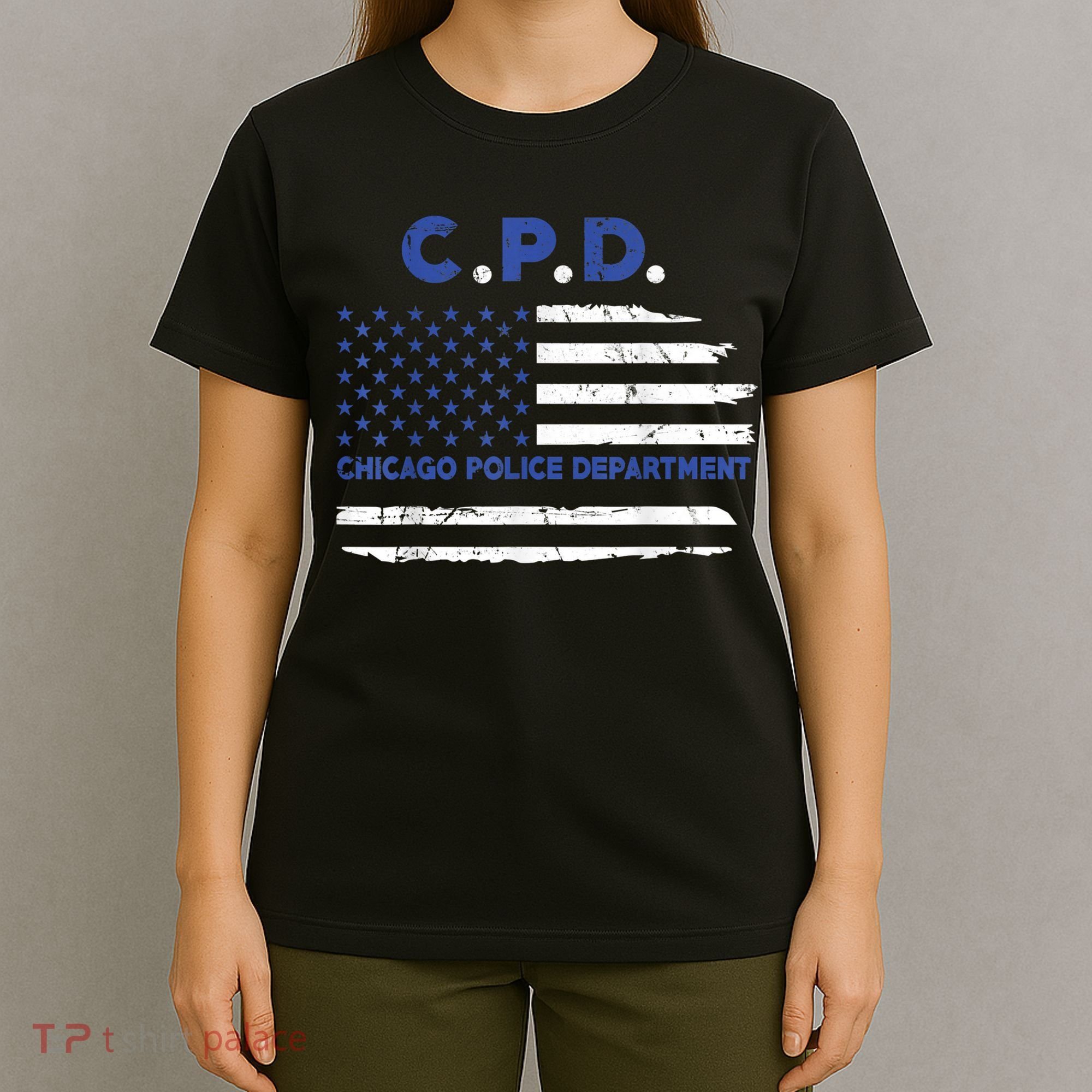 Chicago Police Officer American Flag Thin Blue Line T-Shirt