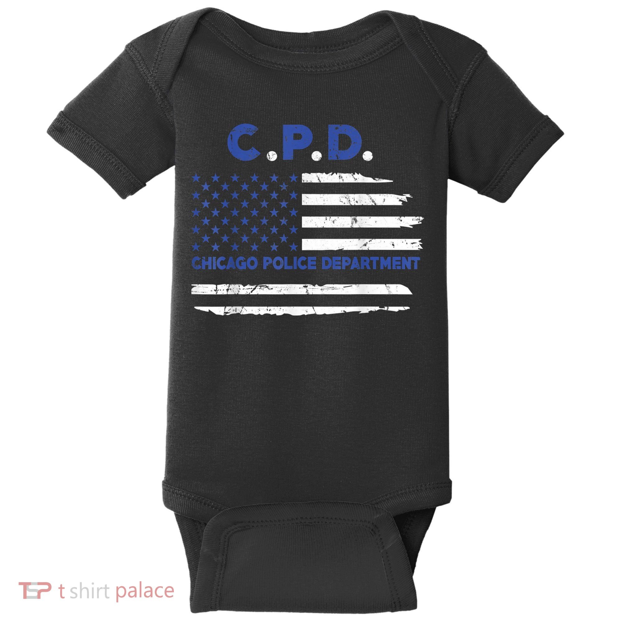 Chicago Police Officer American Flag Thin Blue Line Baby Bodysuit