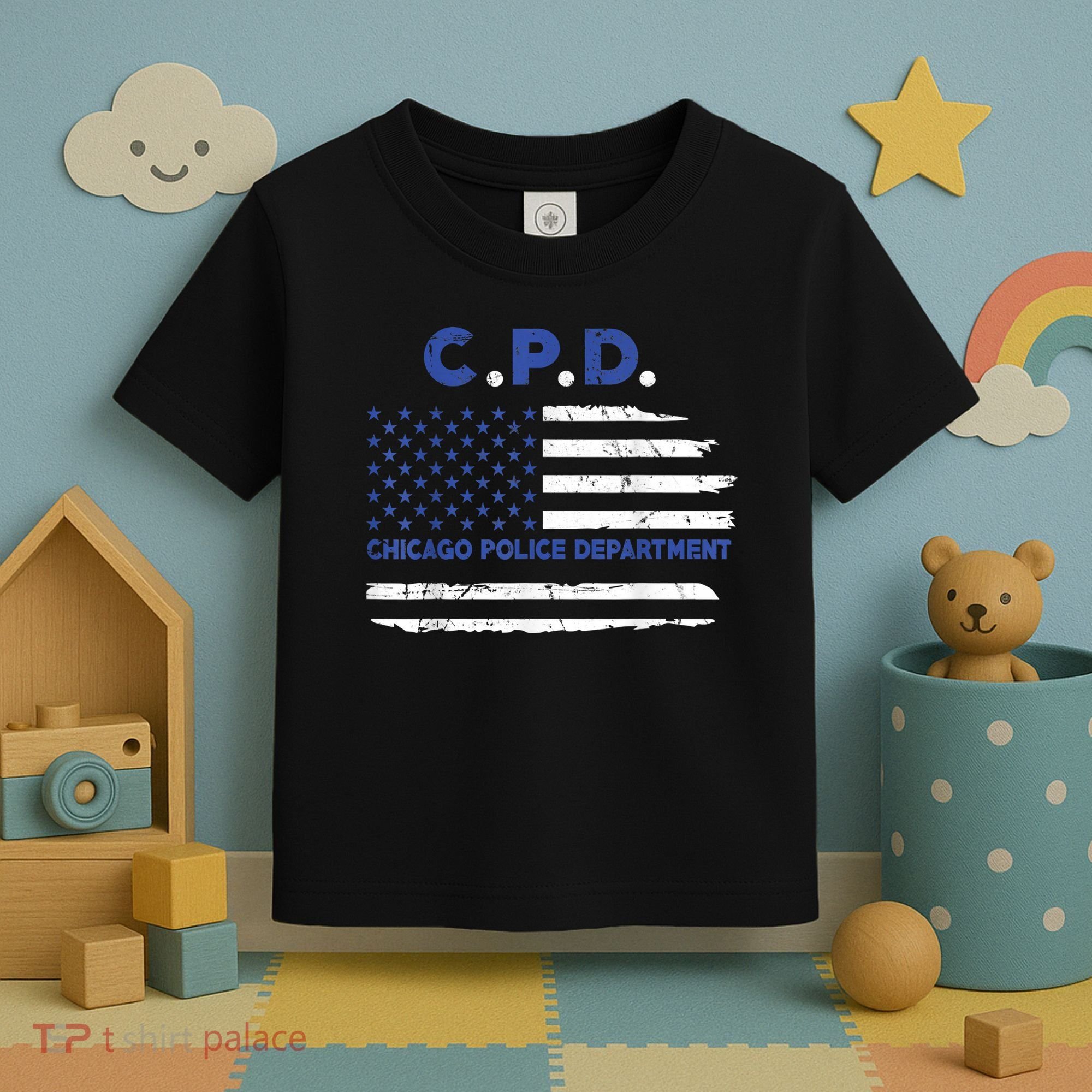 Chicago Police Officer American Flag Thin Blue Line Toddler T-Shirt