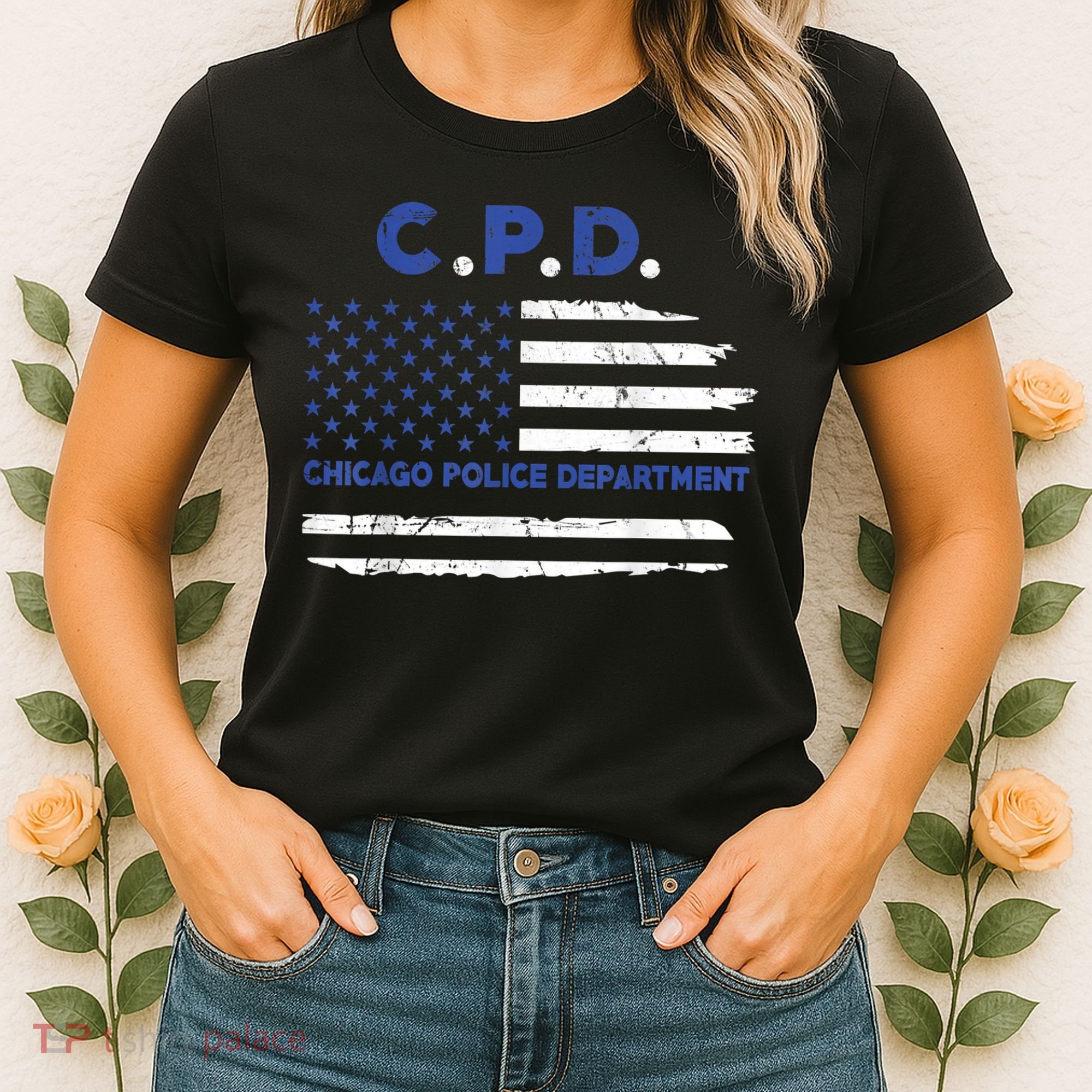 Chicago Police Officer American Flag Thin Blue Line Women's T-Shirt
