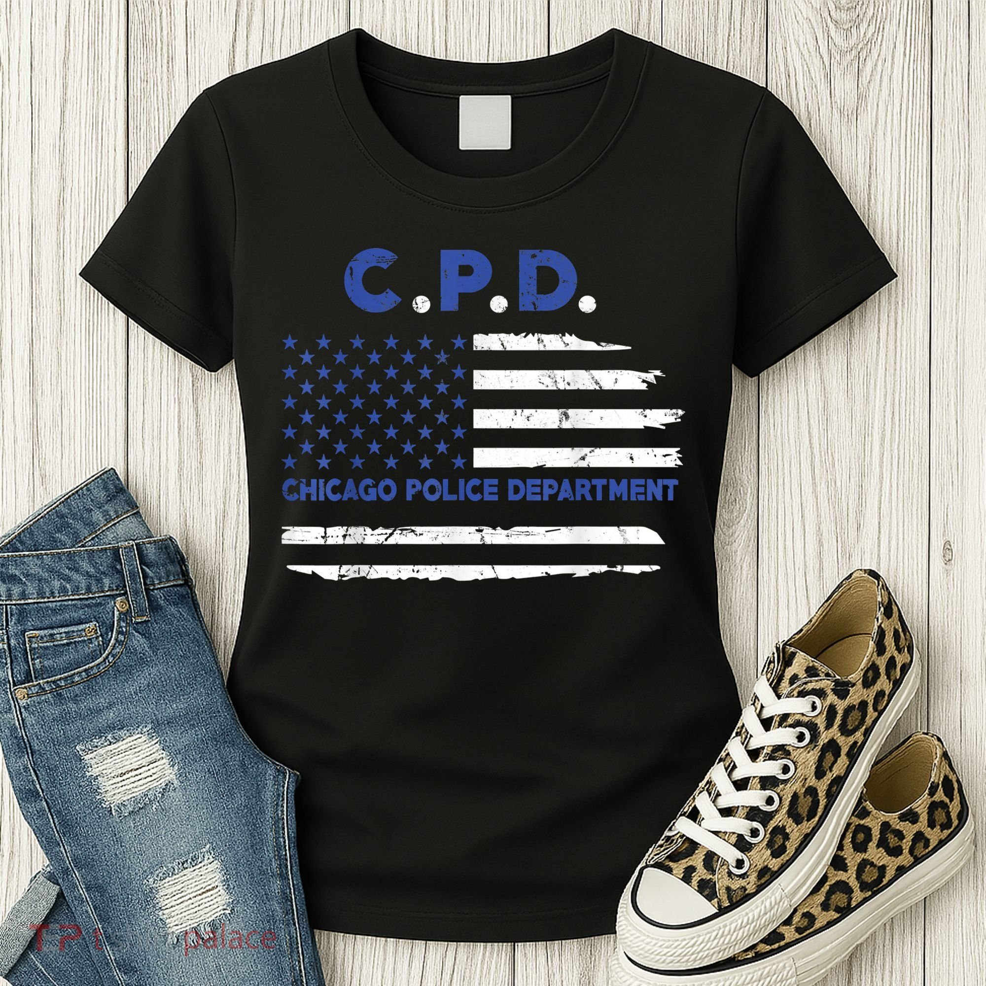 Chicago Police Officer American Flag Thin Blue Line Women's T-Shirt
