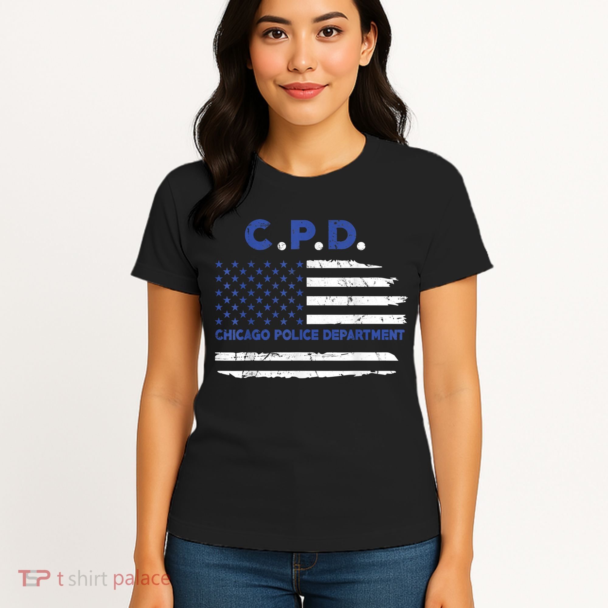 Chicago Police Officer American Flag Thin Blue Line Women's T-Shirt