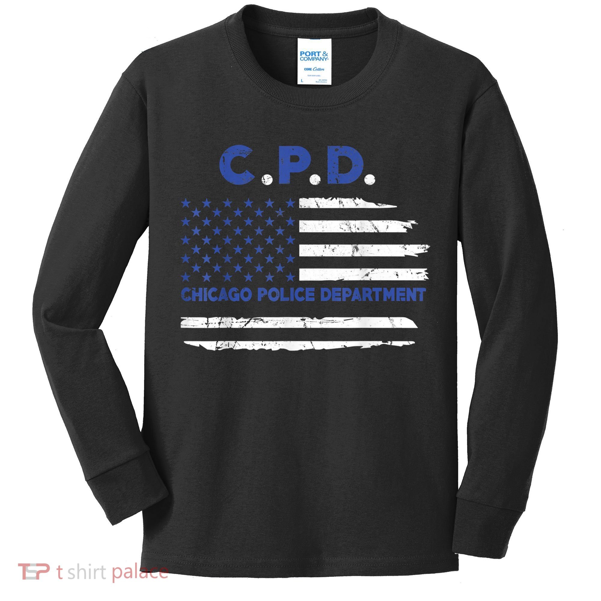 Chicago Police Officer American Flag Thin Blue Line Kids Long Sleeve Shirt