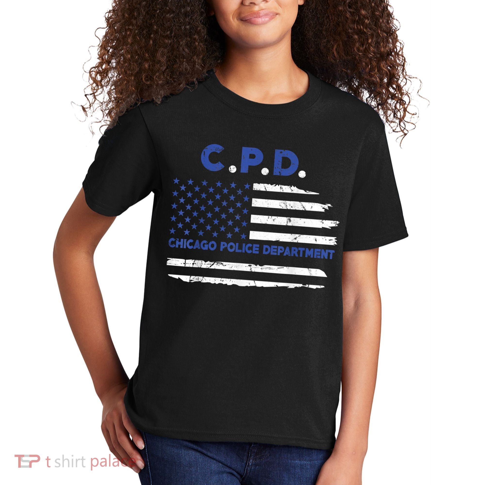 Chicago Police Officer American Flag Thin Blue Line Kids T-Shirt