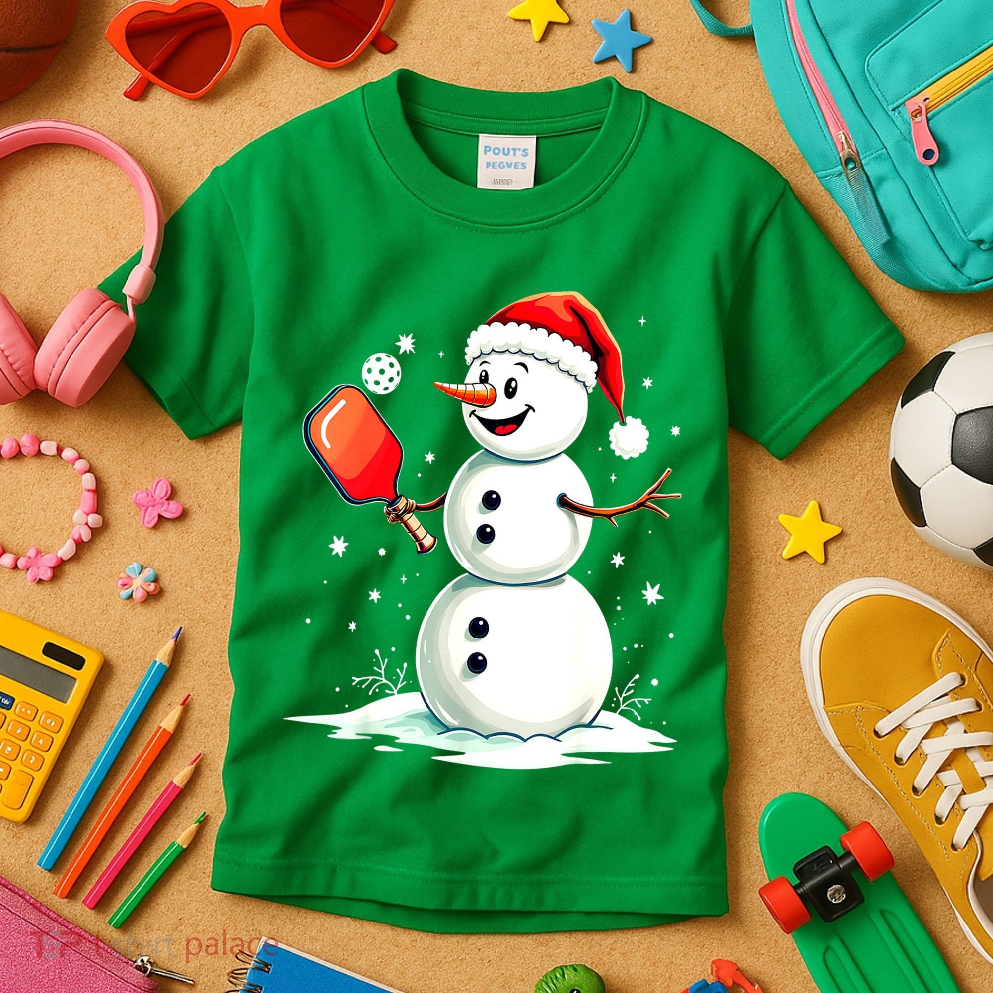 Christmas Pickleball Player Funny Pickleball Snowman Xmas Gift Kids T-Shirt