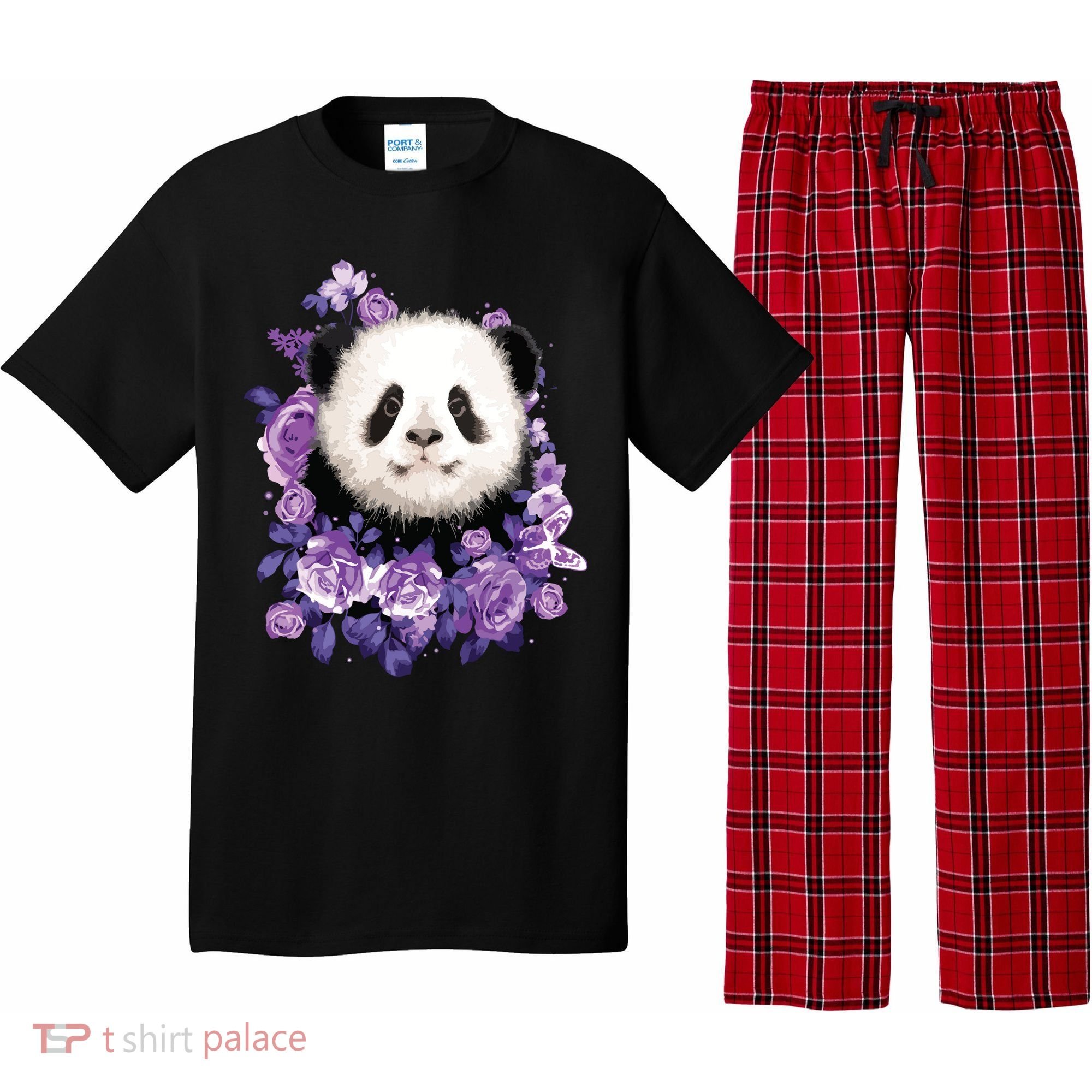 Cute Panda Purple Flowers Panda Lovers Gift Pajama Set
