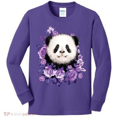 Cute Panda Purple Flowers Panda Lovers Gift Kids Long Sleeve Shirt