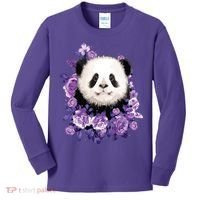 Cute Panda Purple Flowers Panda Lovers Gift Kids Long Sleeve Shirt thumb 0