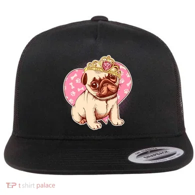 Cute Princess Pug Dog Flat Bill Trucker Hat