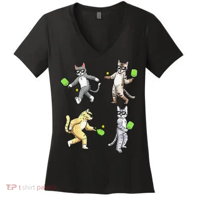 Cats Playing Pickleball Women's V-Neck T-Shirt