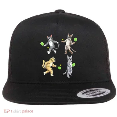 Cats Playing Pickleball Flat Bill Trucker Hat