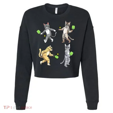 Cats Playing Pickleball Cropped Pullover Crew