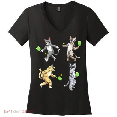 Cats Playing Pickleball Women's V-Neck T-Shirt