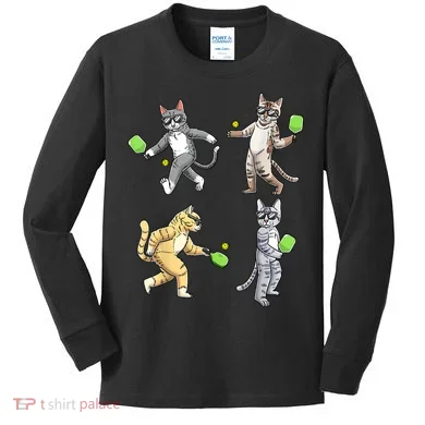 Cats Playing Pickleball Kids Long Sleeve Shirt