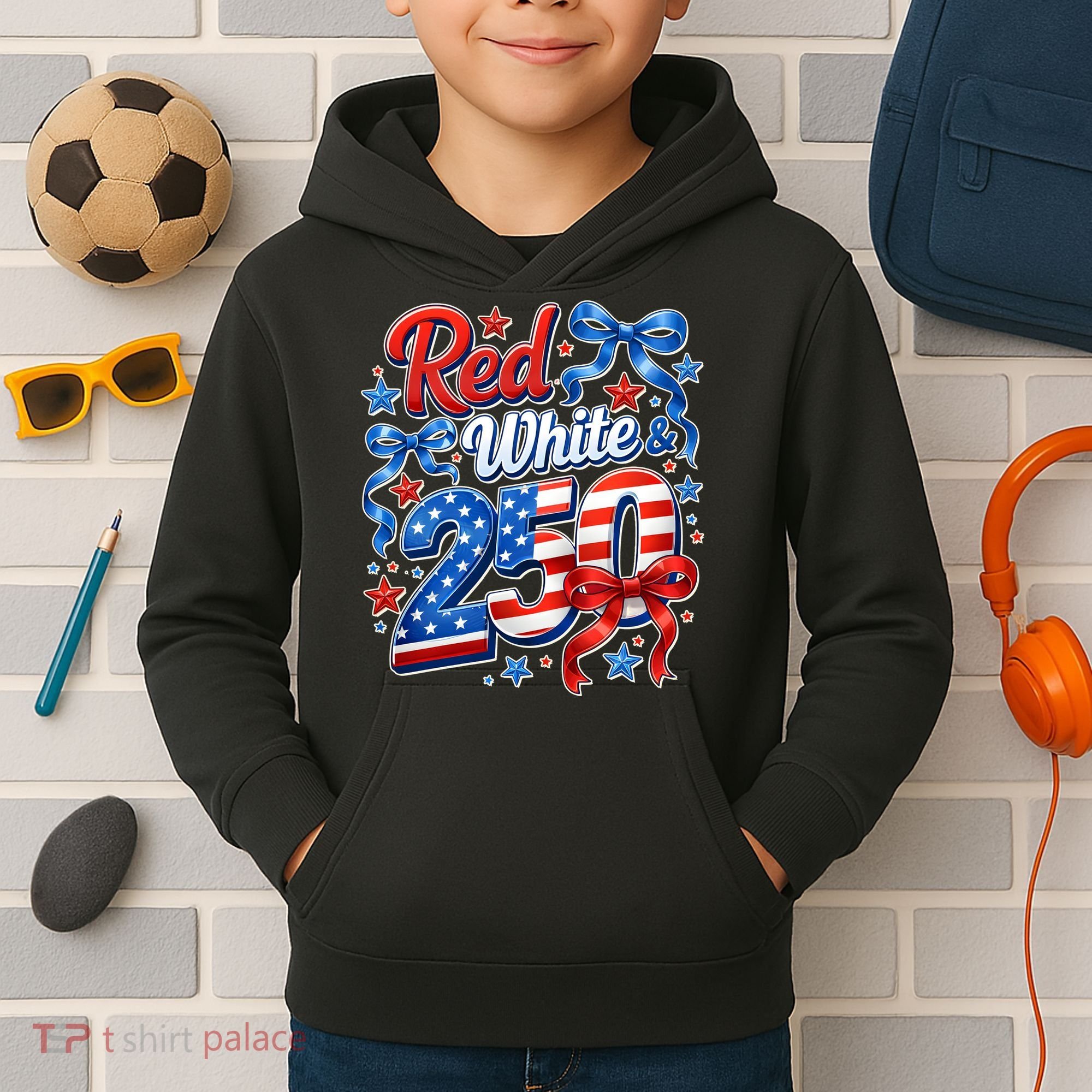 Cute Patriotic Red White And 250 Celebrate America's 250th Birthday Kids Hoodie