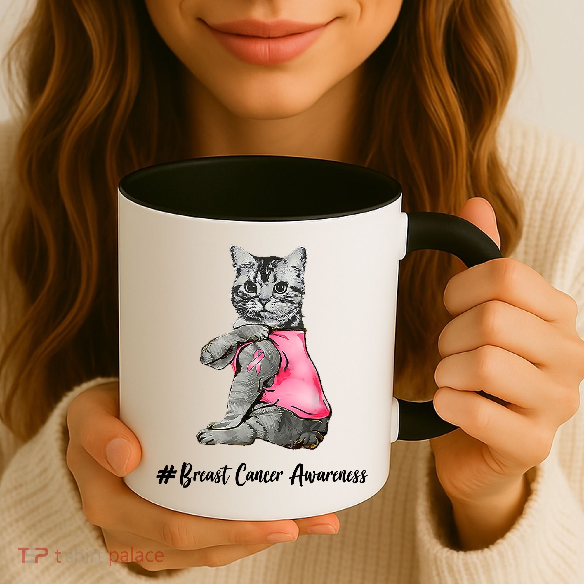 Cat Pink Ribbon Breast Cancer Coffee Mug