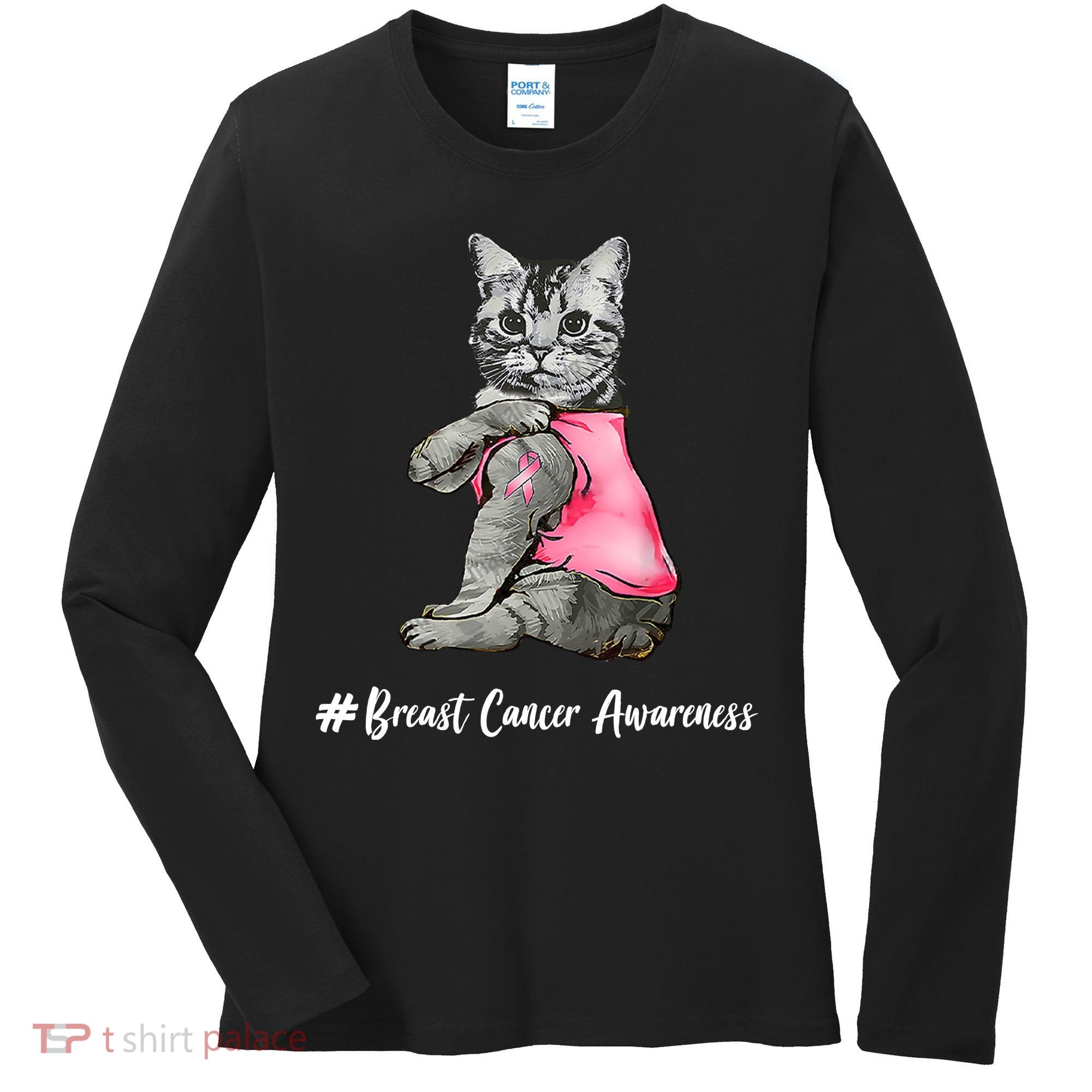Cat Pink Ribbon Breast Cancer Women's Long Sleeve Shirt