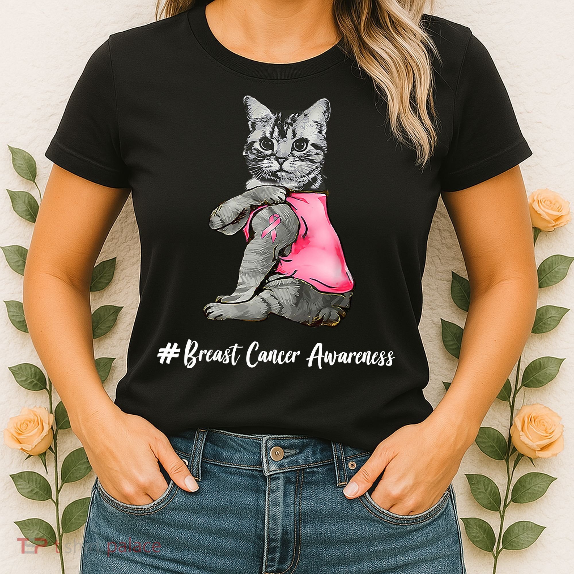 Cat Pink Ribbon Breast Cancer Women's T-Shirt