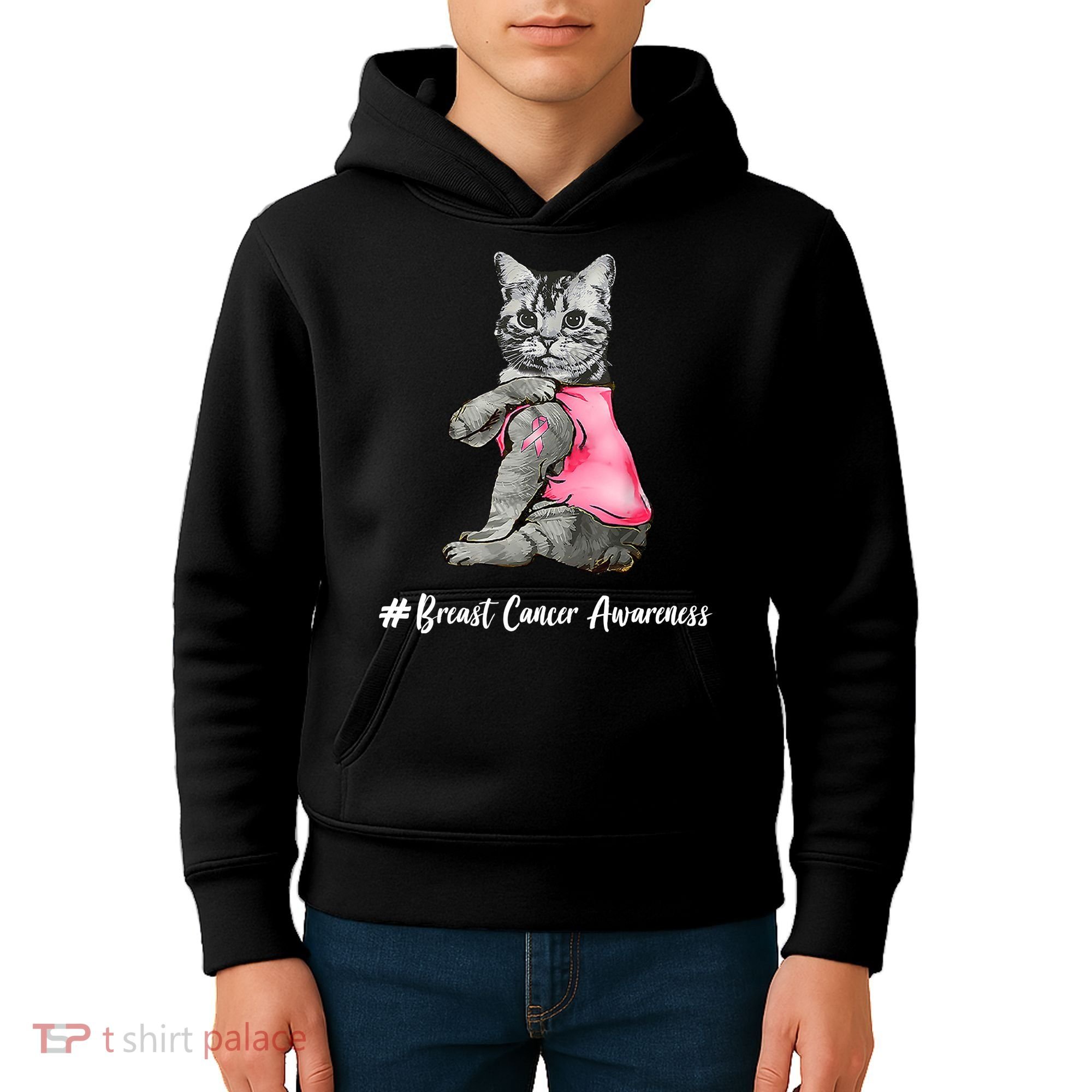 Cat Pink Ribbon Breast Cancer Kids Hoodie
