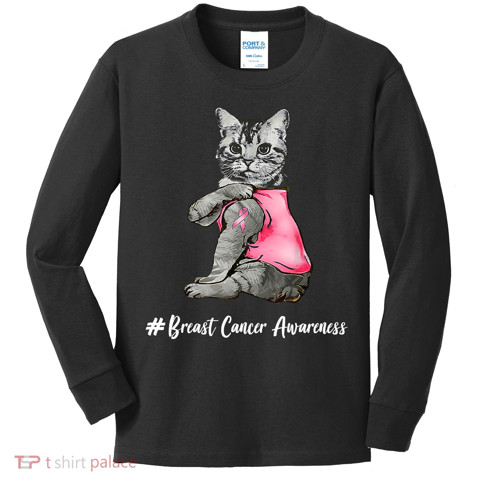 Cat Pink Ribbon Breast Cancer Kids Long Sleeve Shirt