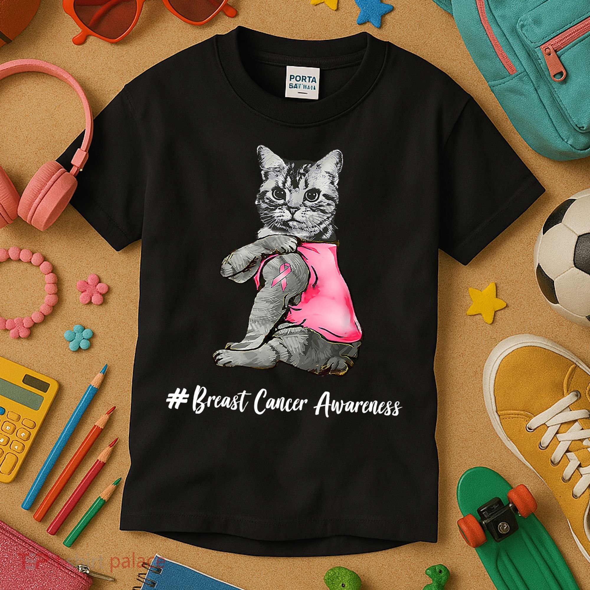 Cat Pink Ribbon Breast Cancer Kids T-Shirt