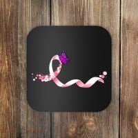 Cute Pink Ribbon Butterfly Breast Cancer Awareness Coaster thumb 0