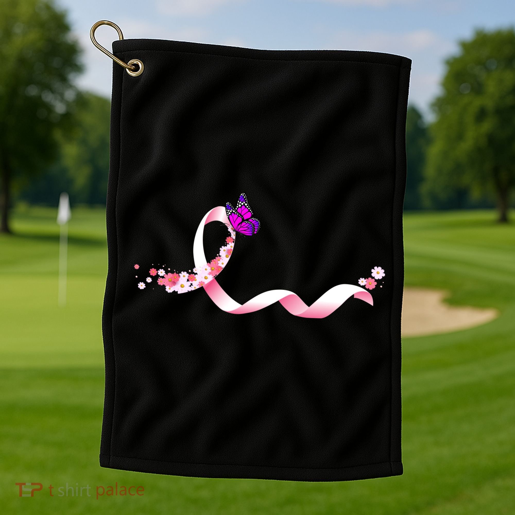 Cute Pink Ribbon Butterfly Breast Cancer Awareness Golf Towel