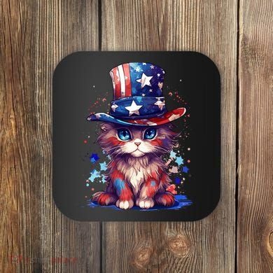 Cute Patriotic Red White And Blue Kitten Cat Coaster