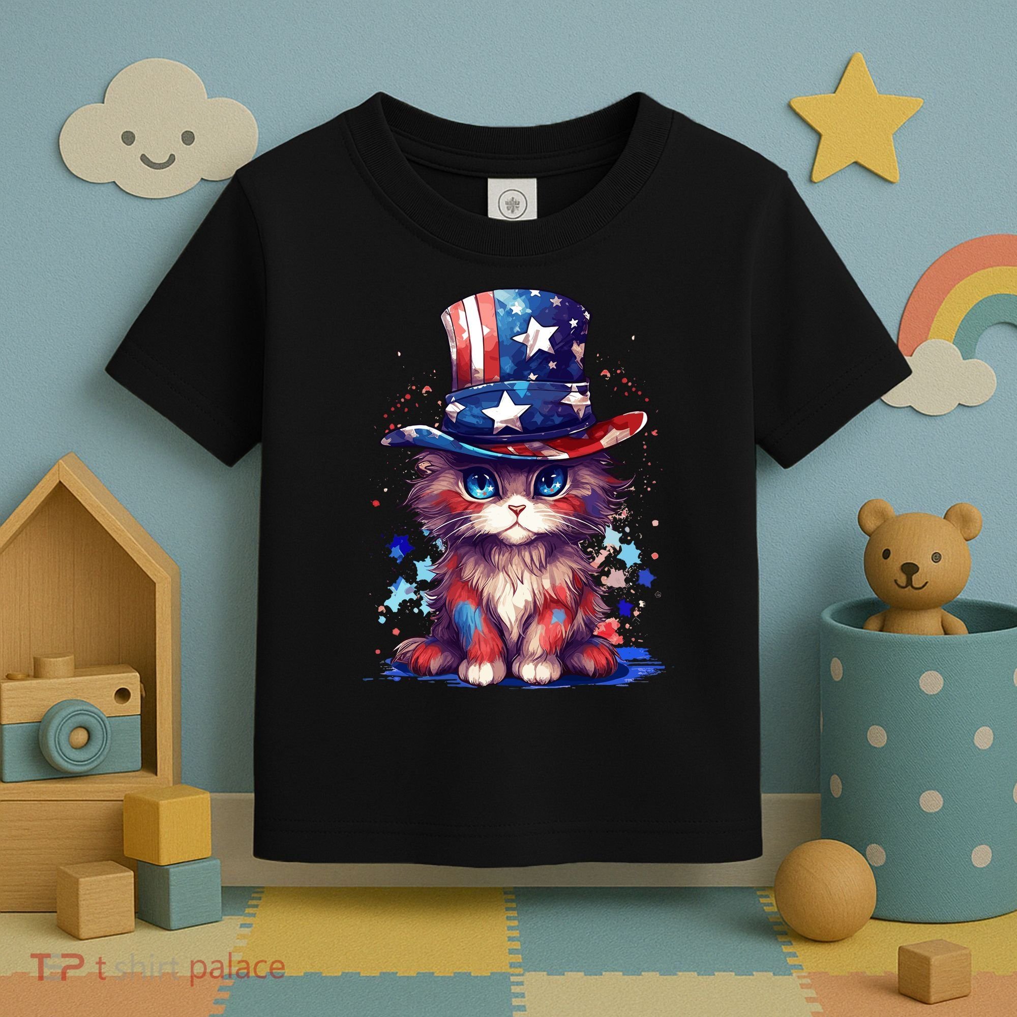 Cute Patriotic Red White And Blue Kitten Cat Toddler T-Shirt