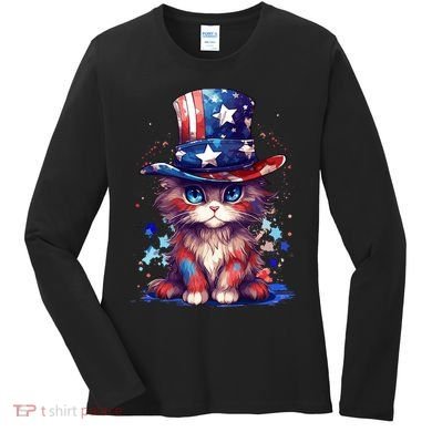 Cute Patriotic Red White And Blue Kitten Cat Women's Long Sleeve Shirt