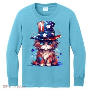 Cute Patriotic Red White And Blue Kitten Cat Kids Long Sleeve Shirt