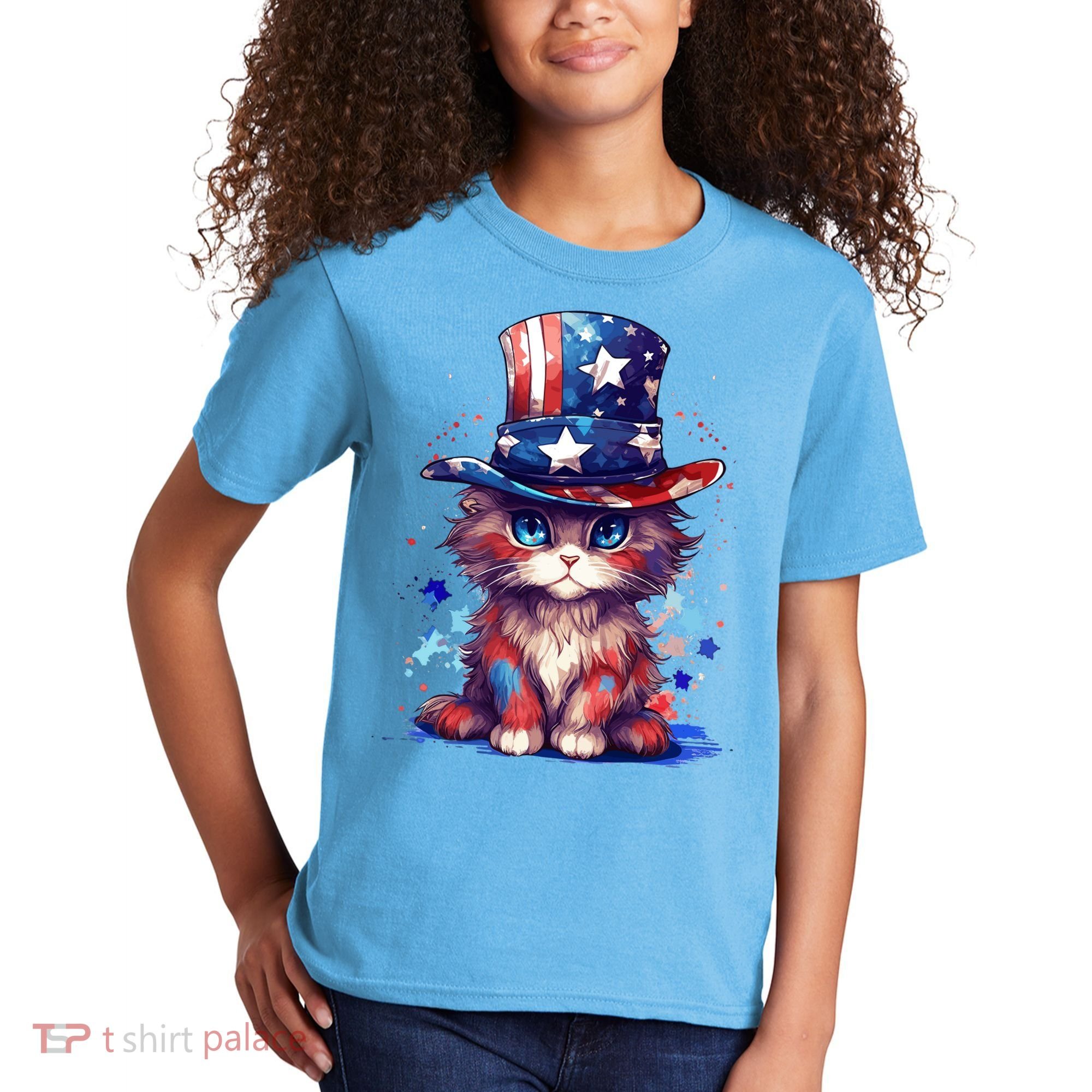 Cute Patriotic Red White And Blue Kitten Cat Kids T-Shirt
