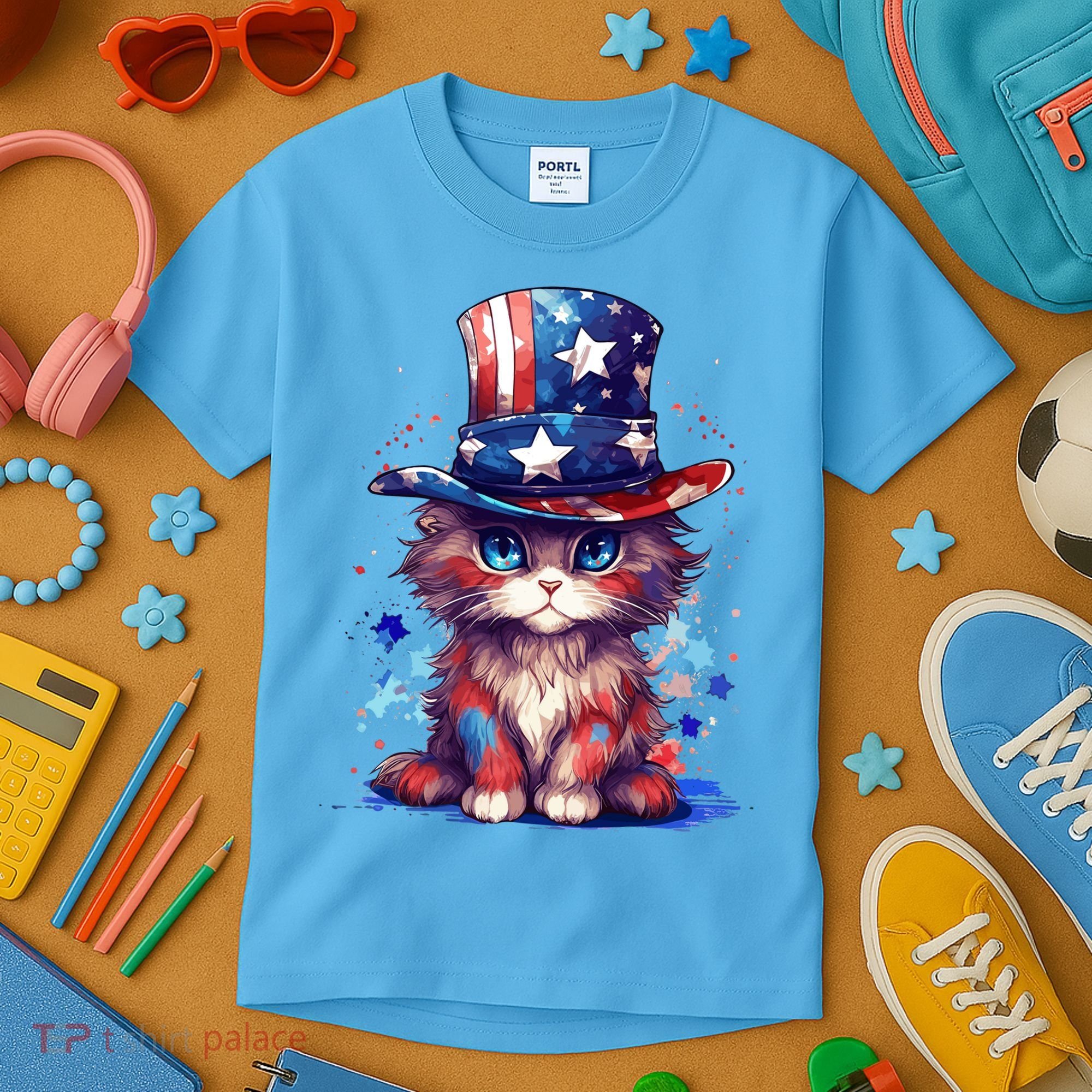 Cute Patriotic Red White And Blue Kitten Cat Kids T-Shirt