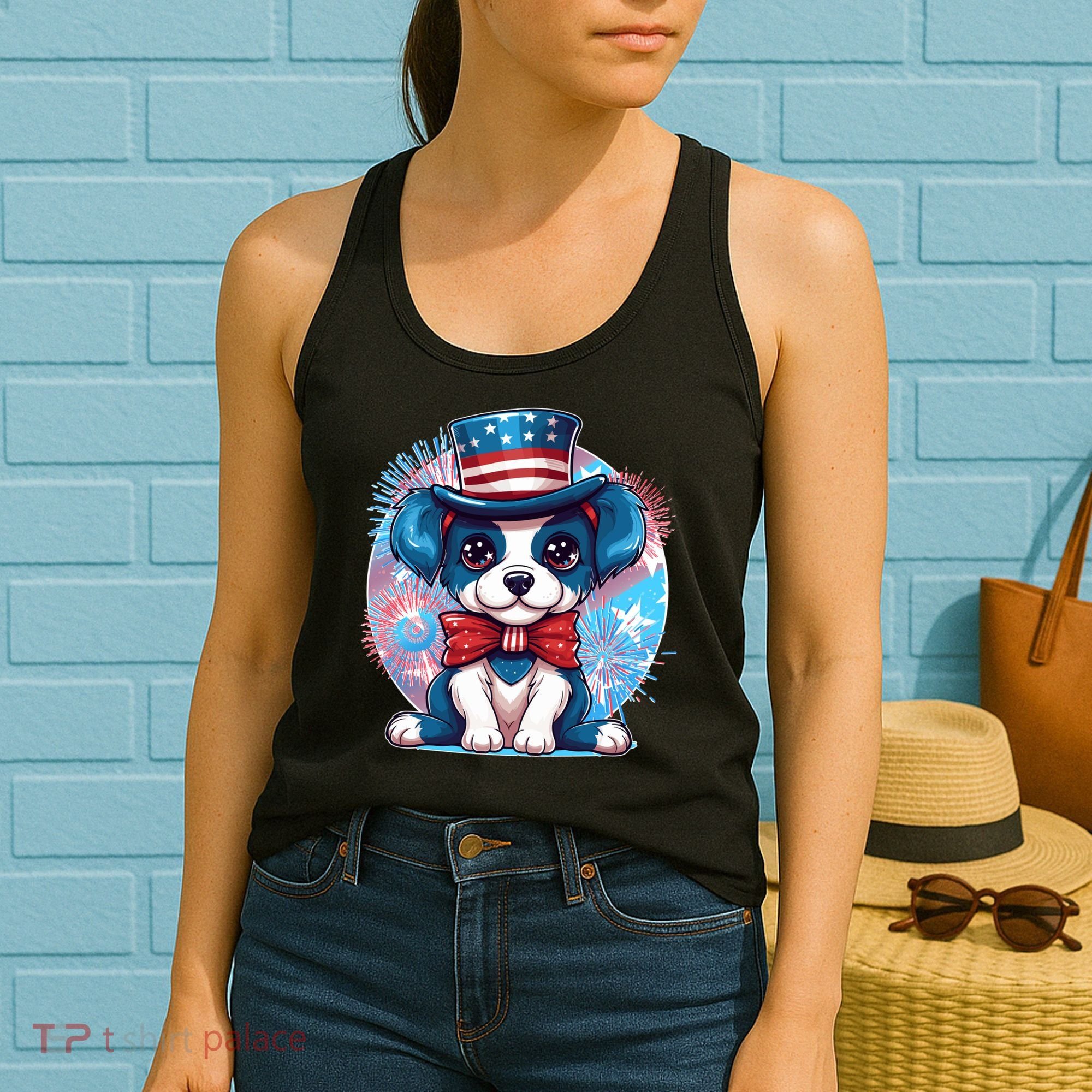 Cute Patriotic Red White And Blue Puppy Dog Women's Tank Top