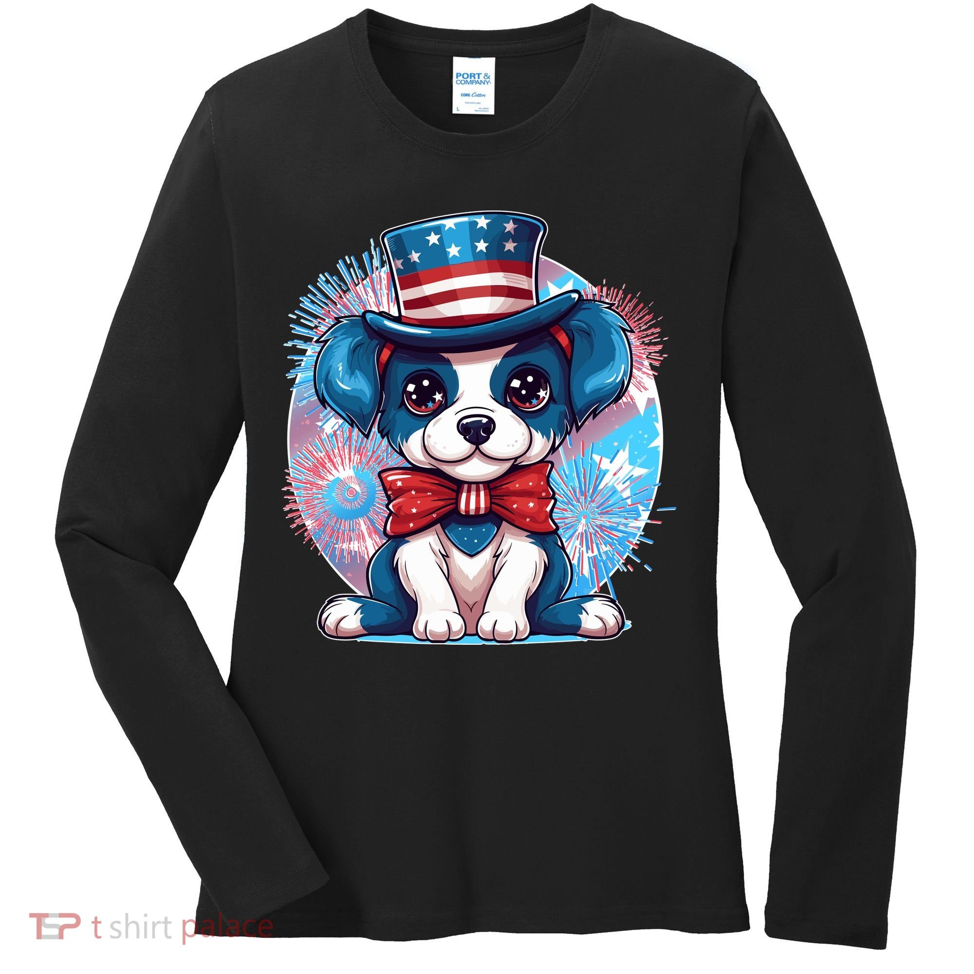 Cute Patriotic Red White And Blue Puppy Dog Women's Long Sleeve Shirt