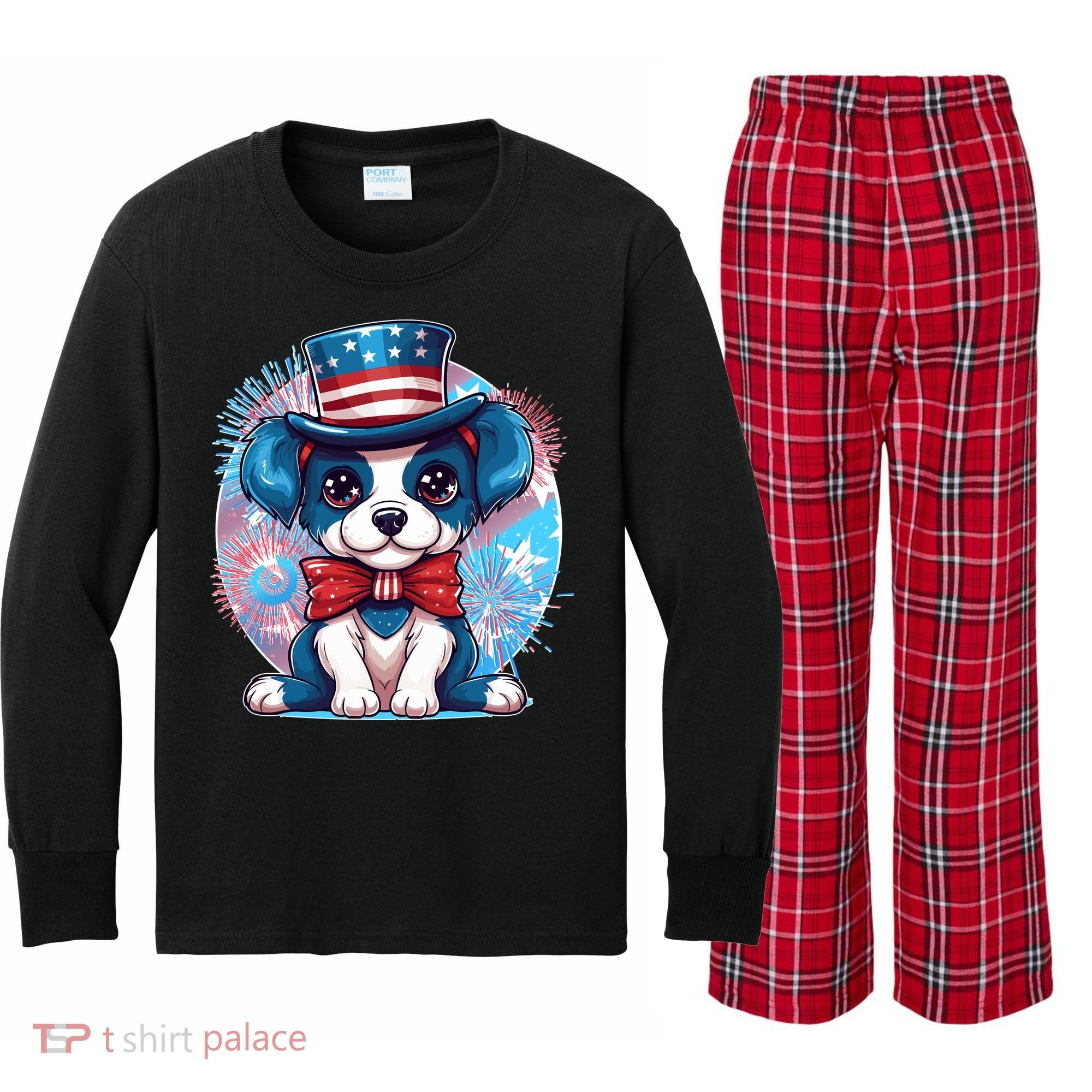Cute Patriotic Red White And Blue Puppy Dog Kids Long Sleeve Plaid Pajama Set